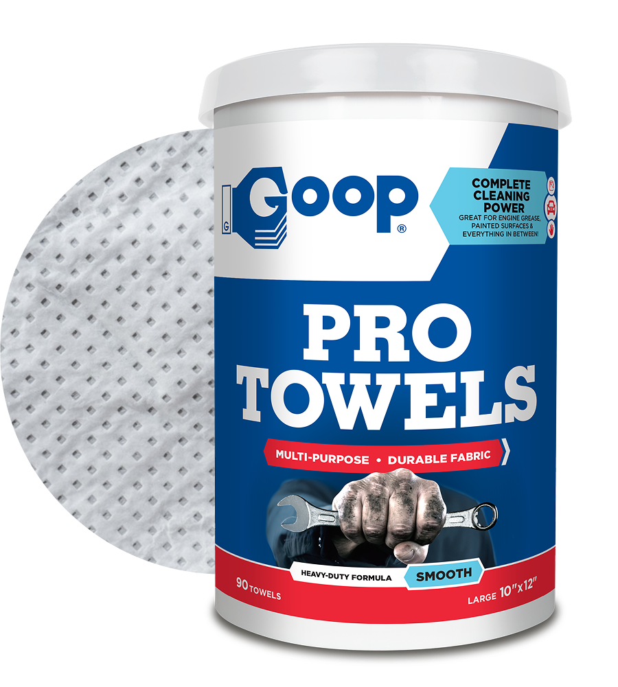 Goop Pro Towels container with sample textured wipe