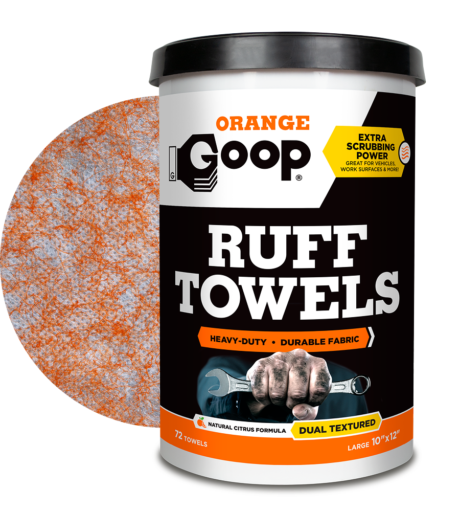 Orange Goop Ruff Towels container with sample textured wipe